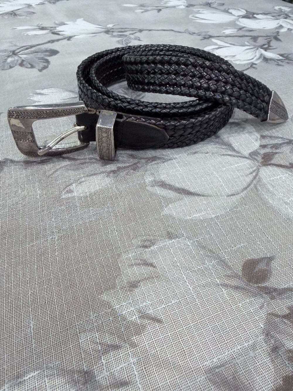 Torino Leather Co. Black Woven Braided Leather Belt Size L 42 Engraved Buckle